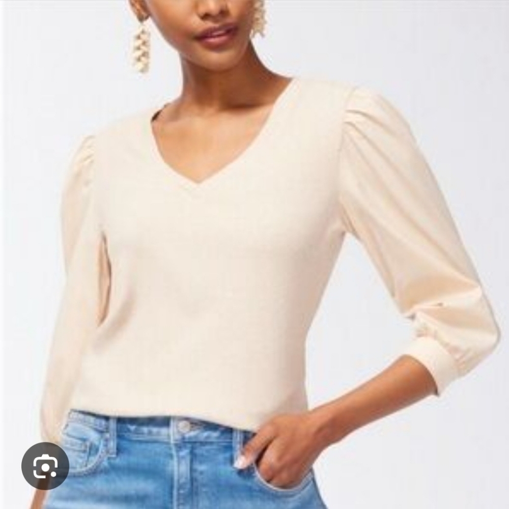 Chico's Beige Mixed Media Ribbed Knit 3/4 Balloon Sleeve V-Neck Blouse